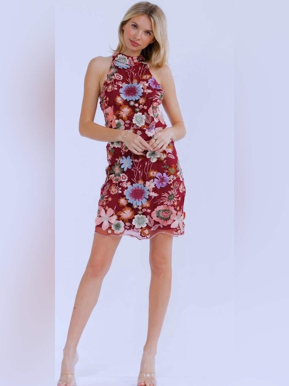 entro Burgundy Floral Halter Mini Dress